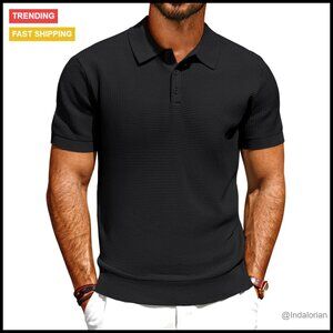 Classic Waffle Knit Polo Shirt Regular Fit Short Sleeve Casual Preppy Style
